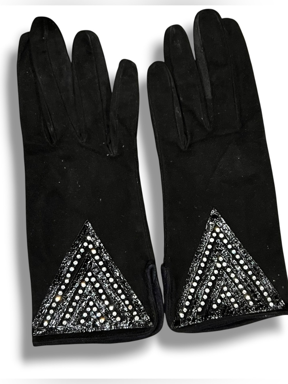 Dents 100% Silk Womens Black Opera Gloves with Rhinestone Bling Detail Sz 7 D-3